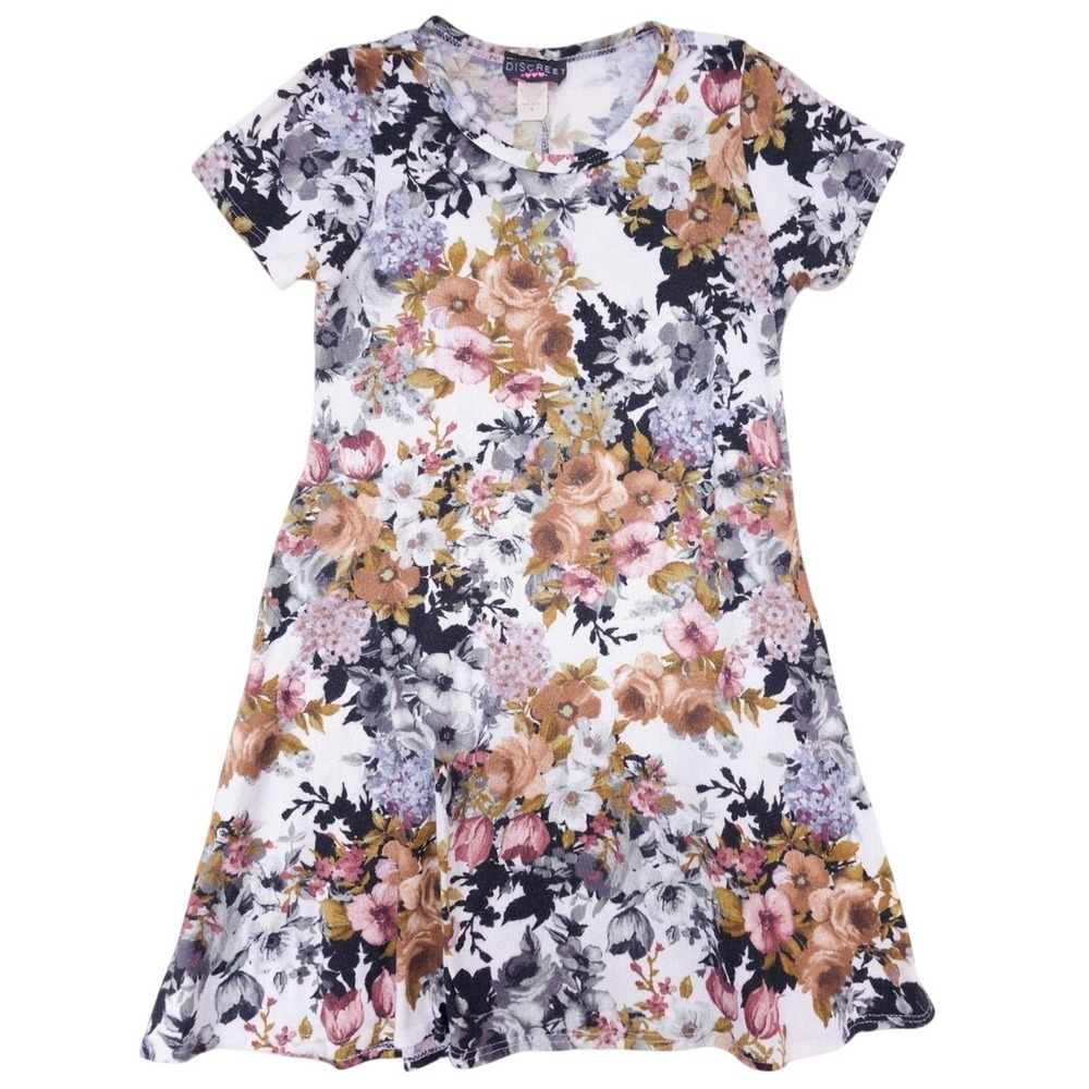 Discreet Multicolor Floral Print Short Sleeve Knit Dress S Fit and Flare Boho